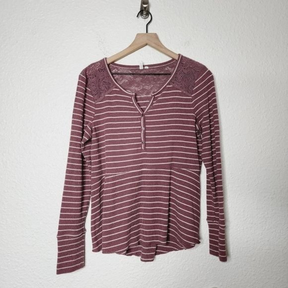 Pure + Good x Anthropologie Lace Shoulder  Striped Henley Top Size Small - Picture 1 of 6